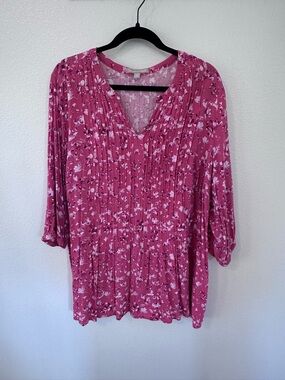 Woman Within Pink Floral Pleated V-Neck Tunic